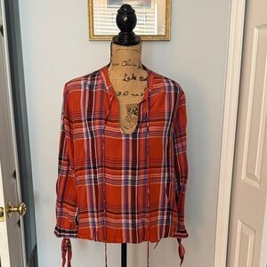 Express Plaid Peasant Blouse in Orange and Blue